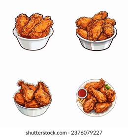set of happy cute fried chicken watercolor illustrations for printing on baby clothes, pattern, sticker, postcards, print, fabric, and books