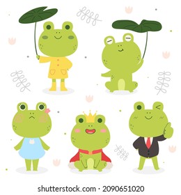 Set happy cute frog wearing different costumes cartoon illustrations in flat design