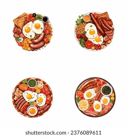 set of happy cute full english breakfast watercolor illustrations for printing on baby clothes, pattern, sticker, postcards, print, fabric, and books