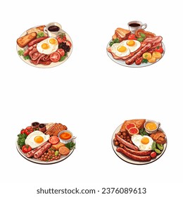 conjunto de alegres y lindas ilustraciones de acuarela de desayuno inglés completo para imprimir en ropa de bebé, patrón, pegatinas, postales, impresos, tela y libros