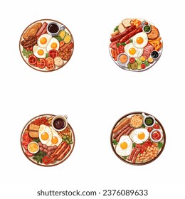 set of happy cute full english breakfast watercolor illustrations for printing on baby clothes, pattern, sticker, postcards, print, fabric, and books