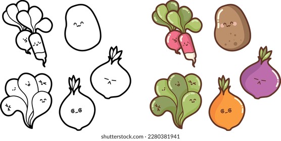 "Set of happy, cute and funny vegetables" (onion, potato, radish, lamb's lettuce ) Outlines - contours - design for logo,  stickers, icon, illustration for coloring books, kawaii veggies collection