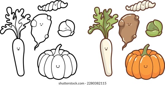 "Set of happy, cute and funny vegetables" (parsnip, crosne, pumpkin, sprout, rutabaga) Outlines-contours - design for logo,  stickers, icon, illustration for coloring books, kawaii veggies collection