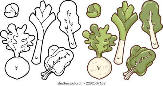 "Conjunto de verduras alegres, lindas y divertidas" ( brote, apio, puerro, espinaca, barba ) Conjuntos - diseño para logo, pegatinas, ícono, ilustración para libros de colorido, colección de verduras kawaii