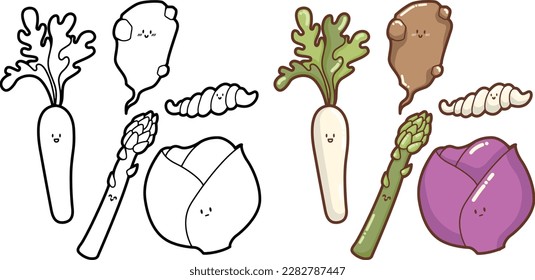 "Conjunto de verduras alegres, lindas y divertidas" ( parrillada, cruz, espárragos, col roja, alcachofa jerusalén ) Esbozos-contornos - ilustración para colorear libros, colección de verduras kawaii