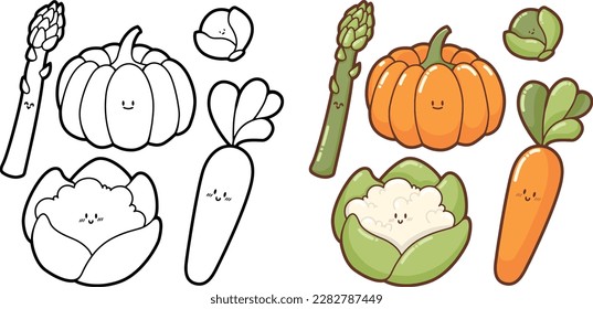 "Set of happy, cute and funny vegetables" (cauliflower, asparagus, pumpkin, sprout, carrot) Outlines-contours - design for stickers, icon, illustration for coloring books, kawaii veggies collection