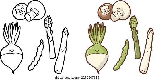 "Set of happy, cute and funny vegetables" (mushrooms, asparagus, rutabaga, broad bean) Outlines-contours - illustration for coloring books, kawaii veggies collection