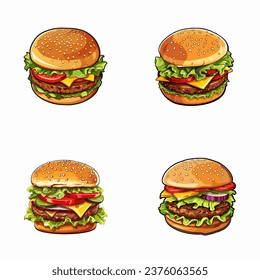 set of happy cute hamburger watercolor illustrations for printing on baby clothes, pattern, sticker, postcards, print, fabric, and books