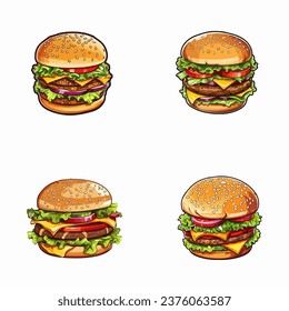 set of happy cute hamburger watercolor illustrations for printing on baby clothes, pattern, sticker, postcards, print, fabric, and books