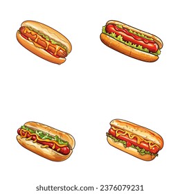 set of happy cute hot dog watercolor illustrations for printing on baby clothes, pattern, sticker, postcards, print, fabric, and books