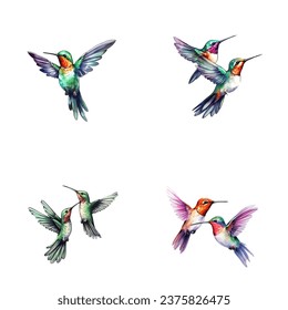 set of happy cute hummingbird watercolor illustrations for printing on baby clothes, pattern, sticker, postcards, print, fabric, and books