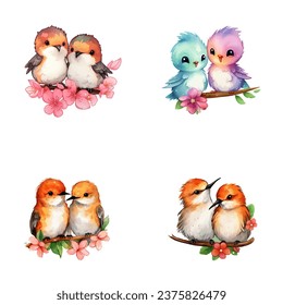 set of happy cute hummingbird watercolor illustrations for printing on baby clothes, pattern, sticker, postcards, print, fabric, and books