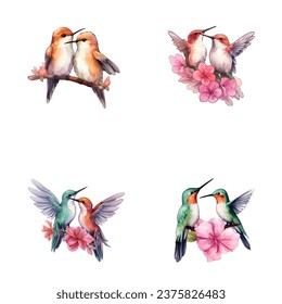 Set von fröhlichen, süßen Kolibris-Aquarellillustrationen zum Drucken auf Babybekleidung, Muster, Aufkleber, Postkarten, Druck, Stoff und Bücher