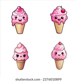 set of happy cute ice cream watercolor illustrations for printing on baby clothes, pattern, sticker, postcards, print, fabric, and books