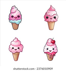 set of happy cute ice cream watercolor illustrations for printing on baby clothes, pattern, sticker, postcards, print, fabric, and books