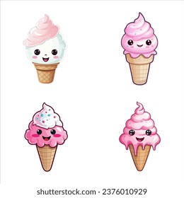 set of happy cute ice cream watercolor illustrations for printing on baby clothes, pattern, sticker, postcards, print, fabric, and books