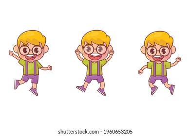 Juego de feliz niño lindo saltar y sonreír Vector Premium
