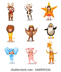 Set of happy cute kids in different holidays costume