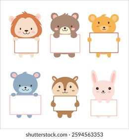 Set of Happy Cute Lion Bear Squirrel Rabbit Animal Cartoon Character Holding Empty White Board