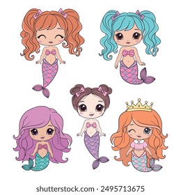 set of happy cute little mermaids isolated on a white background. Children's fantasy underwater sea siren with a long tail, vector illustration