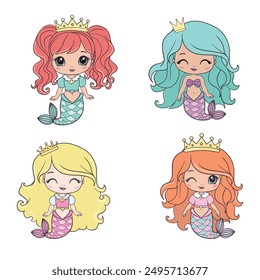 set of happy cute little mermaids isolated on a white background. Children's fantasy underwater sea siren with a long tail, vector illustration