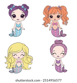 set of happy cute little mermaids isolated on a white background. Children's fantasy underwater sea siren with a long tail, vector illustration