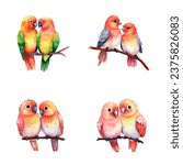 set of happy cute lovebird watercolor illustrations for printing on baby clothes, pattern, sticker, postcards, print, fabric, and books