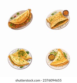 set of happy cute masala dosa watercolor illustrations for printing on baby clothes, pattern, sticker, postcards, print, fabric, and books