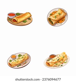 set of happy cute masala dosa watercolor illustrations for printing on baby clothes, pattern, sticker, postcards, print, fabric, and books