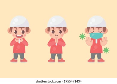 Set of happy cute moslem boy character with many gesture expressions . Premium Vector
