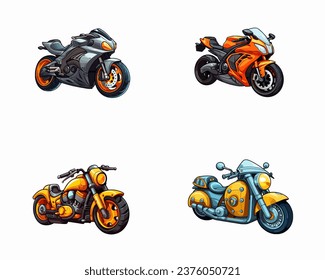 set of happy cute motorcycle watercolor illustrations for printing on baby clothes, pattern, sticker, postcards, print, fabric, and books