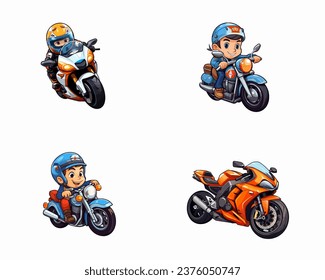 set of happy cute motorcycle watercolor illustrations for printing on baby clothes, pattern, sticker, postcards, print, fabric, and books