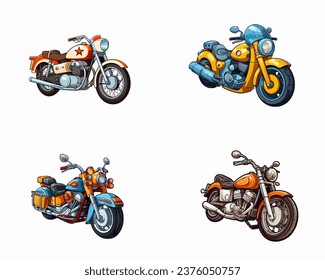 set of happy cute motorcycle watercolor illustrations for printing on baby clothes, pattern, sticker, postcards, print, fabric, and books