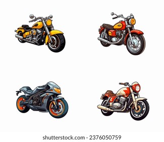 set of happy cute motorcycle watercolor illustrations for printing on baby clothes, pattern, sticker, postcards, print, fabric, and books