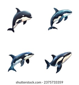 set of happy cute orca watercolor illustrations for printing on baby clothes, pattern, sticker, postcards, print, fabric, and books