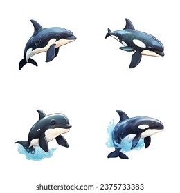 set of happy cute orca watercolor illustrations for printing on baby clothes, pattern, sticker, postcards, print, fabric, and books