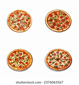 set of happy cute pizza watercolor illustrations for printing on baby clothes, pattern, sticker, postcards, print, fabric, and books