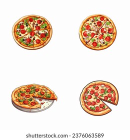 set of happy cute pizza watercolor illustrations for printing on baby clothes, pattern, sticker, postcards, print, fabric, and books