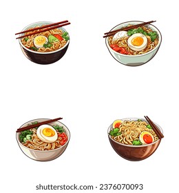 set of happy cute ramen watercolor illustrations for printing on baby clothes, pattern, sticker, postcards, print, fabric, and books