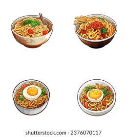 set of happy cute ramen watercolor illustrations for printing on baby clothes, pattern, sticker, postcards, print, fabric, and books