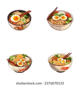 set of happy cute ramen watercolor illustrations for printing on baby clothes, pattern, sticker, postcards, print, fabric, and books