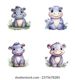 set of happy cute rhinoceros watercolor illustrations for printing on baby clothes, pattern, sticker, postcards, print, fabric, and books