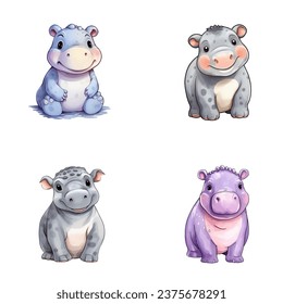 set of happy cute rhinoceros watercolor illustrations for printing on baby clothes, pattern, sticker, postcards, print, fabric, and books