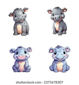 set of happy cute rhinoceros watercolor illustrations for printing on baby clothes, pattern, sticker, postcards, print, fabric, and books