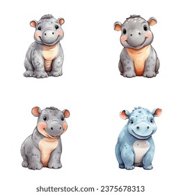 set of happy cute rhinoceros watercolor illustrations for printing on baby clothes, pattern, sticker, postcards, print, fabric, and books