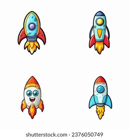 set of happy cute rocket watercolor illustrations for printing on baby clothes, pattern, sticker, postcards, print, fabric, and books