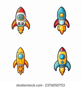 set of happy cute rocket watercolor illustrations for printing on baby clothes, pattern, sticker, postcards, print, fabric, and books