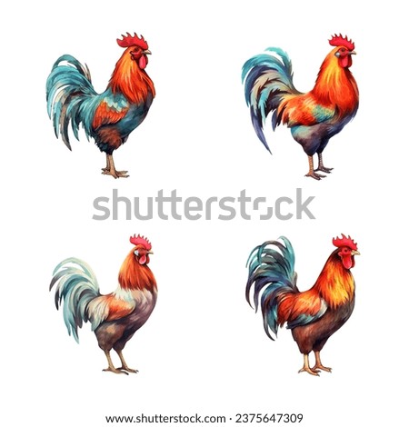 set of happy cute rooster watercolor illustrations for printing on baby clothes, pattern, sticker, postcards, print, fabric, and books