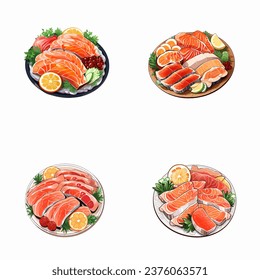 set of happy cute sashimi watercolor illustrations for printing on baby clothes, pattern, sticker, postcards, print, fabric, and books