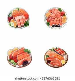 set of happy cute sashimi watercolor illustrations for printing on baby clothes, pattern, sticker, postcards, print, fabric, and books